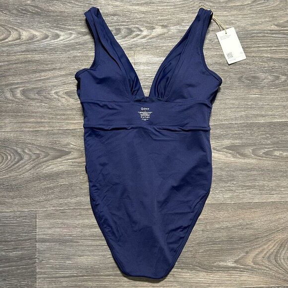 Quince Medium Italian Plunge One-Piece Swimsuit Navy Blue Swim Bathing Suit - Picture 5 of 10